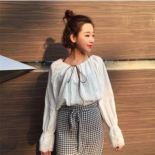 Tie Neck Off Shoulder Long Sleeve Top
