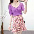 Set: Square-neck Short-sleeve Knit Top + Flower Print Mini A-line Skirt