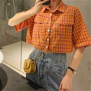 Short-sleeve Plaid Crop Shirt