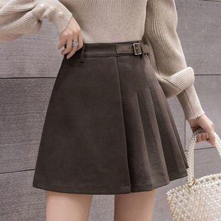 Pleated Buckled Mini A-line Skirt