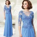 Elbow-sleeve Lace Panel Evening Dress