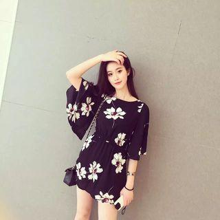 Elbow-sleeve Tie Waist Floral Dress