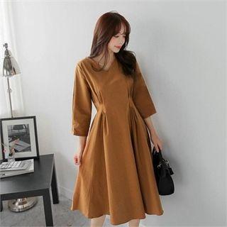 V-neck 3/4-sleeve Midi A-line Dress