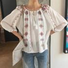 V-neck Embroidered Elbow-sleeve Top