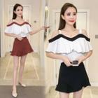 Set: Ruffle Trim Off Shoulder Short Sleeve Blouse + Plain A-line Skirt