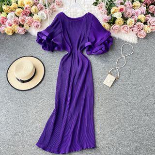 Ruffle Bell-sleeve Pleated Maxi Dress