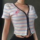 Short-sleeve Butterfly Applique Ribbed T-shirt