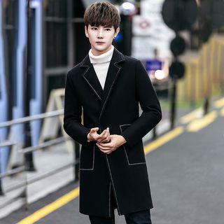 Contrast Trim Notch Lapel Woolen Coat