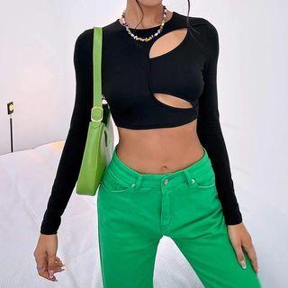 Long-sleeve Crew Neck Cutout Cropped T-shirt