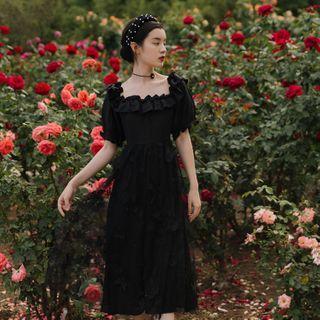Puff-sleeve Floral Applique Ruffled A-line Midi Dress