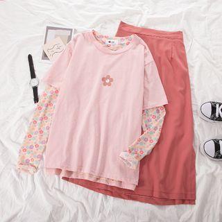 Elbow-sleeve T-shirt / Long-sleeve Floral Print Mesh Top / Midi A-line Skirt
