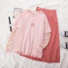 Elbow-sleeve T-shirt / Long-sleeve Floral Print Mesh Top / Midi A-line Skirt