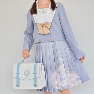 Long-sleeve Double Breasted Top / Pleated Skirt