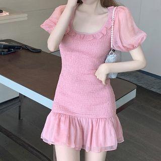 Puff-sleeve Panel Ruffle Trim Mini A-line Dress Pink - One Size