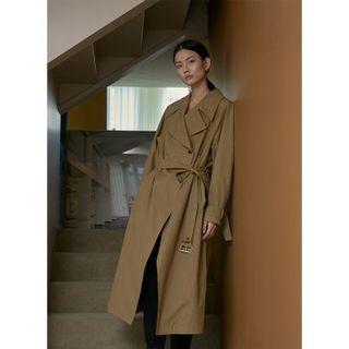 Wide-lapel Long Trench Coat Khaki - One Size
