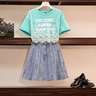 Short-sleeve Lace Panel T-shirt / Mini Denim Skirt / Set