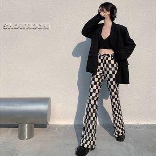 High-waist Checkerboard Wide-leg Pants Checkerboard - Black & White - One Size