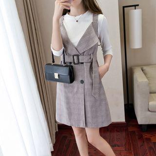 Set: Long-sleeve Top + Plaid Jumper Dress