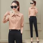 Collared Long-sleeved Plain Bow Blouse