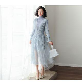 Knit Panel Long-sleeve Sheer Midi Dress