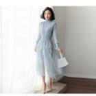 Knit Panel Long-sleeve Sheer Midi Dress