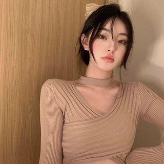 V-neck Long-sleeve Top / Double-breasted Skirt - Set