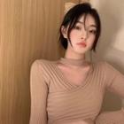V-neck Long-sleeve Top / Double-breasted Skirt - Set