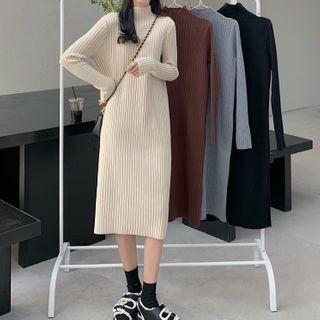 Mock-neck Ribbed Midi Knit Dress
