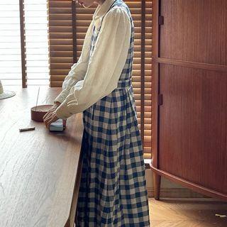 Set: Puff-sleeve Shirt + Gingham Midi Overall Dress