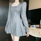 Long-sleeve Square-neck Pleated Dress