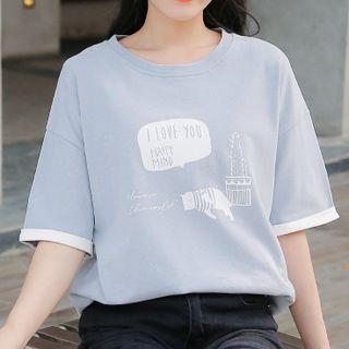 Contrast Trim Elbow-sleeve Cat Print T-shirt