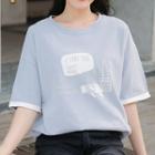 Contrast Trim Elbow-sleeve Cat Print T-shirt