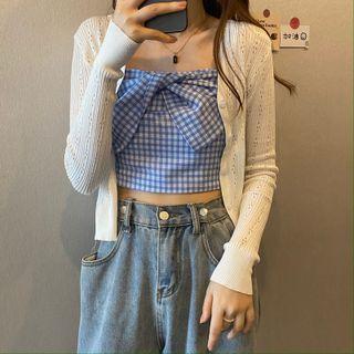 Bow Accent Plaid Cropped Camisole / Long-sleeve Perforated Cardigan