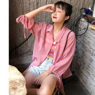 Tie Cuff Shirt / Spaghetti Strap Striped Top