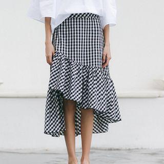 Asymmetric Hem Gingham A-line Skirt Black - One Size