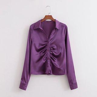 Long-sleeve Ruched Satin Blouse