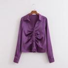 Long-sleeve Ruched Satin Blouse