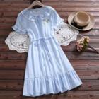 Short-sleeve Embroidered Lace Trim A-line Midi Dress