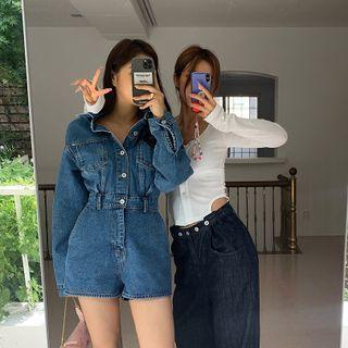 Pintuck-waist Denim Playsuit
