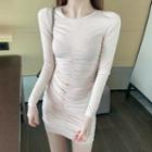 Long-sleeve Ruched Sheath Dress Almond - One Size
