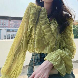 Long-sleeve Ruffled Top Top - Emerald - One Size