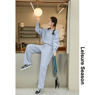 Drop-shoulder Cropped Pullover / Tie-hem Straight-cut Harem Pants