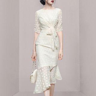 Elbow-sleeve Tie-front Asymmetrical Bodycon Dress