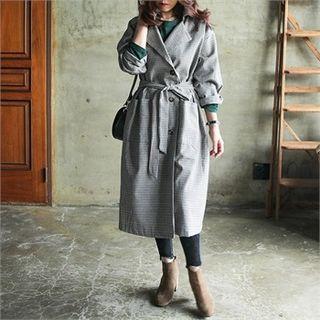 Houndstooth Long Trench Coat With Sash