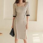 Long-sleeve Square-neck Double-breasted Slit Midi Dress