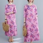 Floral Print Frog-button Long-sleeve Maxi A-line Dress
