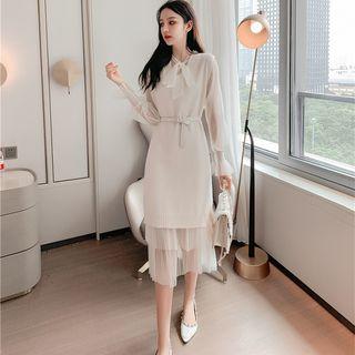 Set: Long-sleeve Mesh Midi Dress + Sleeveless Knit Dress