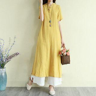 Short-sleeve Frog Buttoned A-line Midi Dress