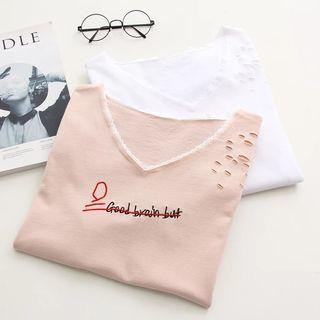 Letter Embroidered V-neck Short Sleeve T-shirt