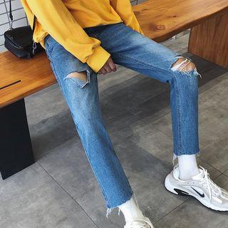 Cut-out Cropped Washed Jeans